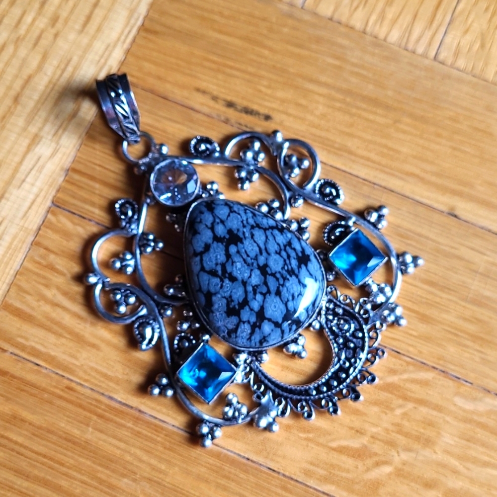 925 Silver Snowflake Obsidian and Blue Quartz Pendant